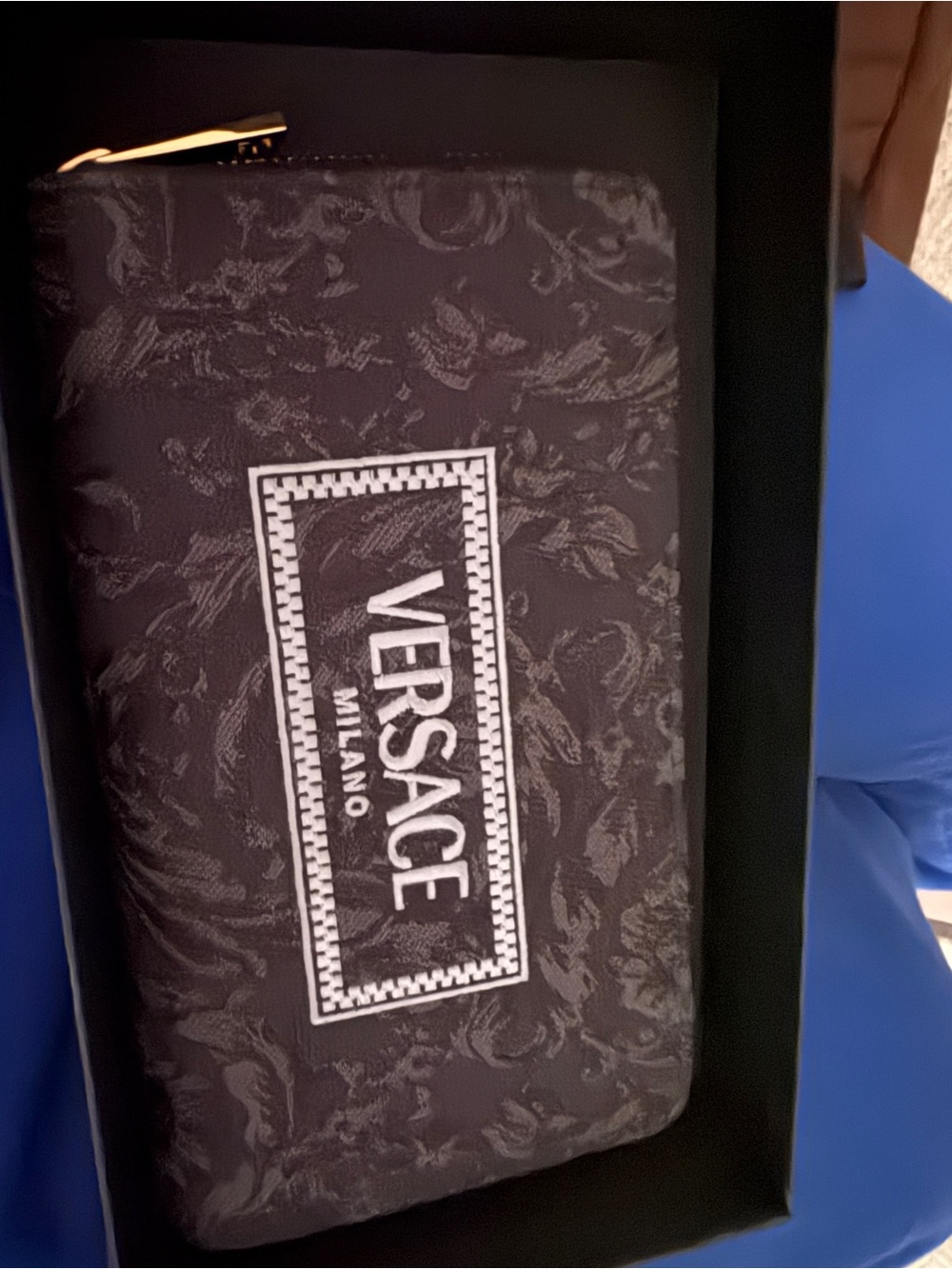 Versace Black Jacquard Zip Wallet with White Logo Patch